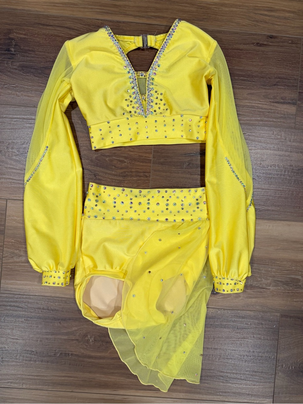 Yellow Kids Dance Costume Set with Rhinestones